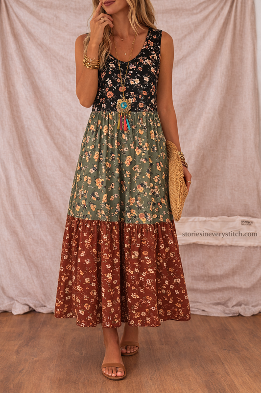 Women’s Patchwork Floral Maxi Dress – Sleeveless Boho Casual Dress