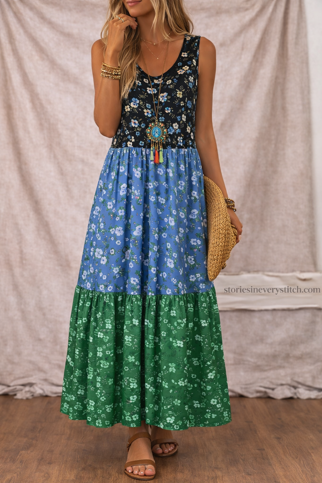 Women’s Patchwork Floral Maxi Dress – Sleeveless Boho Casual Dress