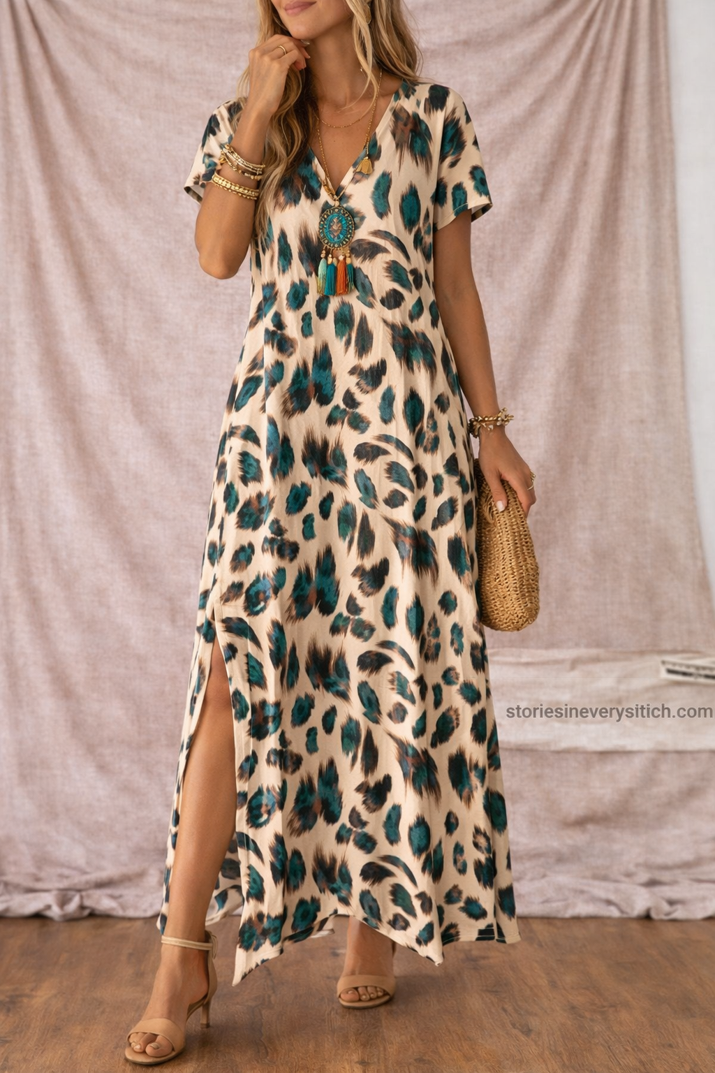 Women’s Floral Print V-Neck Maxi Dress with Side Slit – Casual Summer Dress