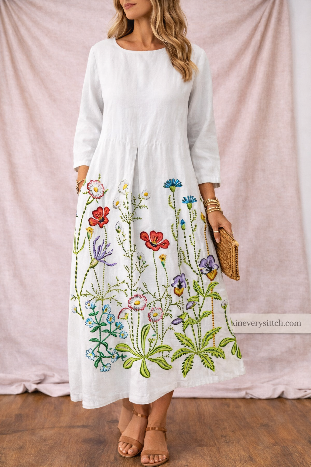 Embroidered Maxi Dress with Long Sleeves and Round Neck – Relaxed Flowy Fit