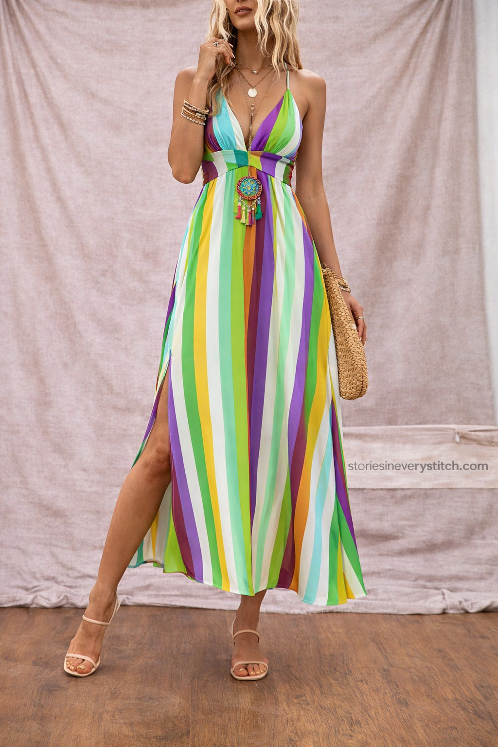 Women’s Rainbow Stripe Spaghetti Strap Maxi Dress – Summer Beach Split Dress