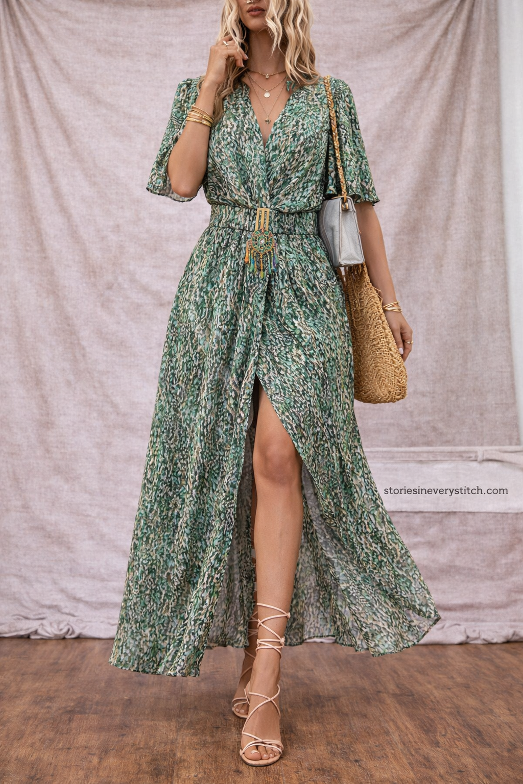 Vibrant Floral Wrap Midi Dress – Asymmetrical Hem Boho Chic Style