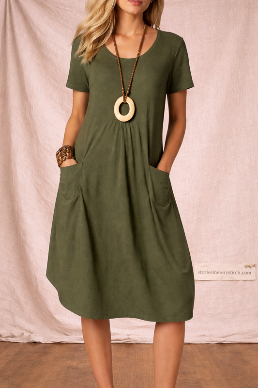 Solid Color Midi Dress with Pockets – Casual Relaxed Fit Everyday Style