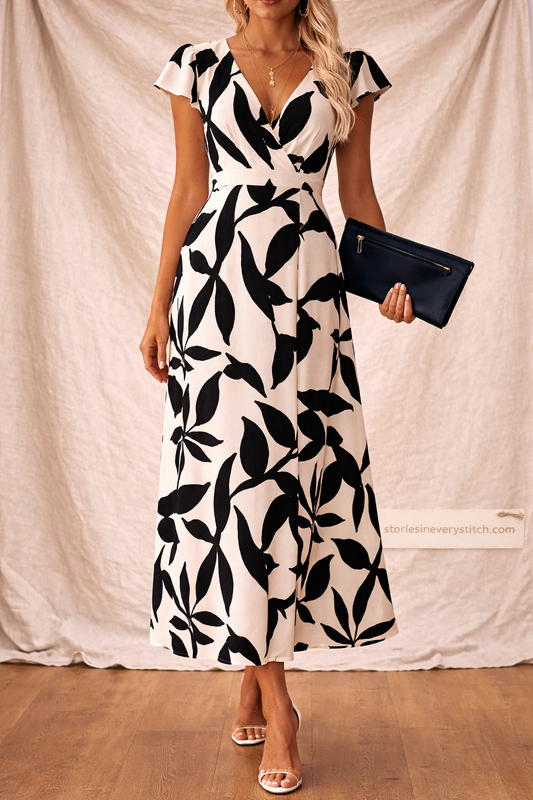 Floral V-Neck Midi Dress – Short Sleeve Button Detail Elegant Style