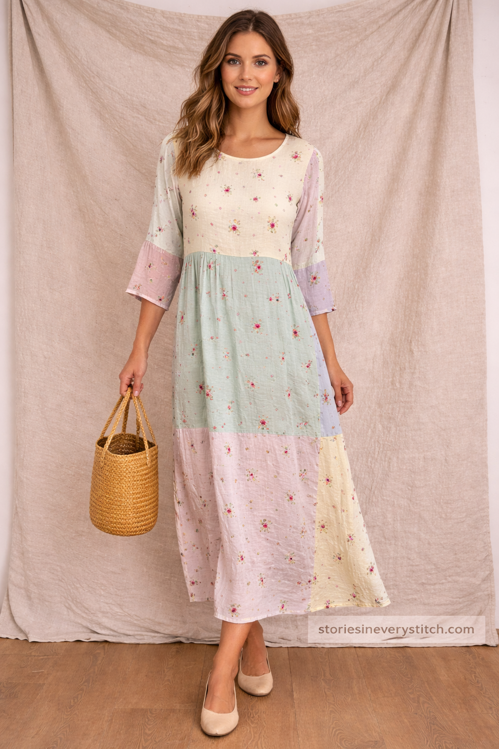 Patchwork Floral Midi Dress – Bohemian 3/4 Sleeve Relaxed Fit Style