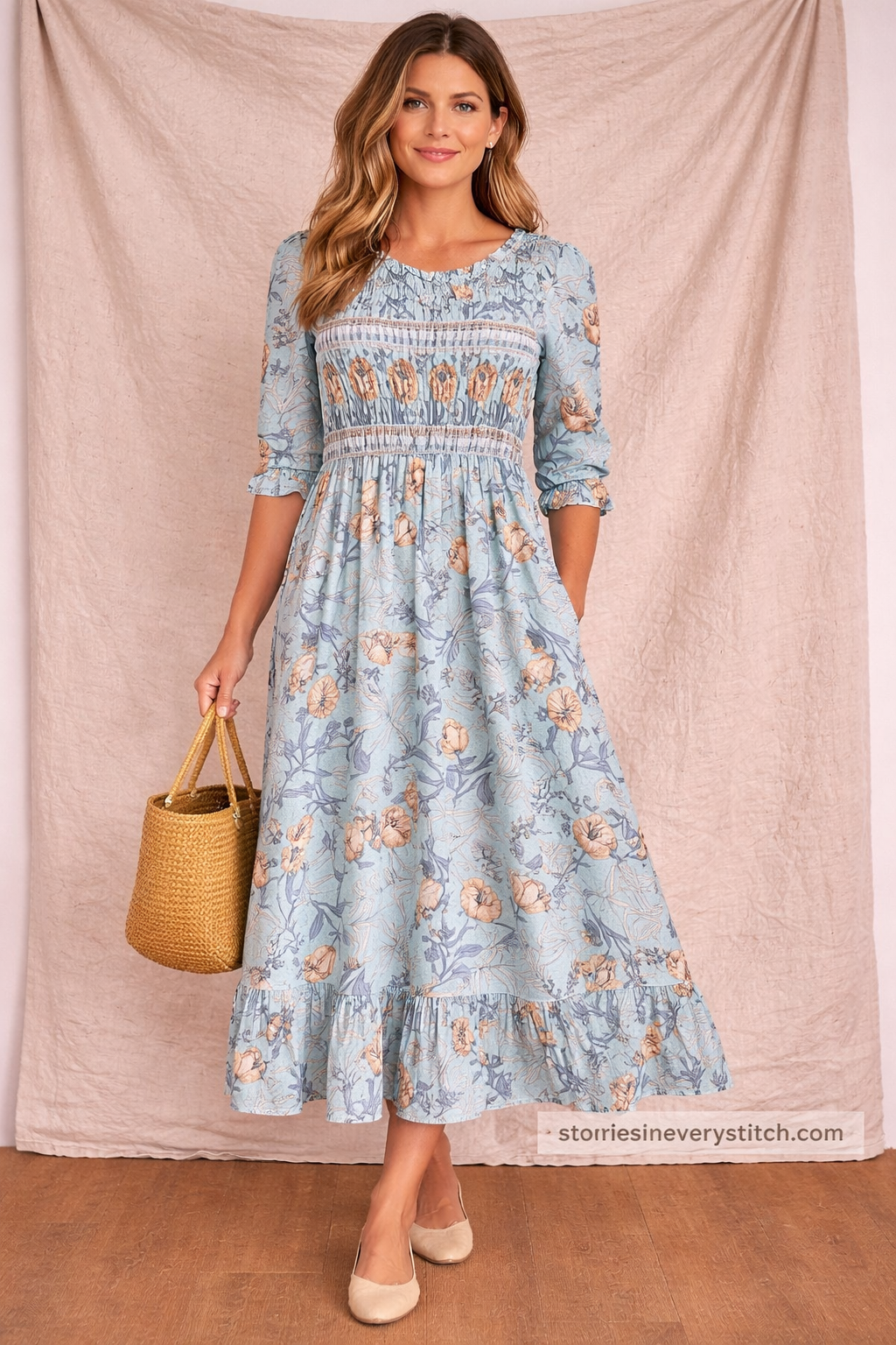 Printed Midi Dress – Casual 3/4 Sleeve Relaxed A-Line Style