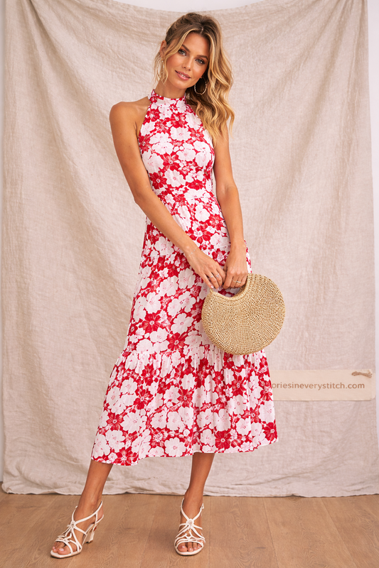 Floral Halter Neck Maxi Dress – Sleeveless Flowy Summer Style