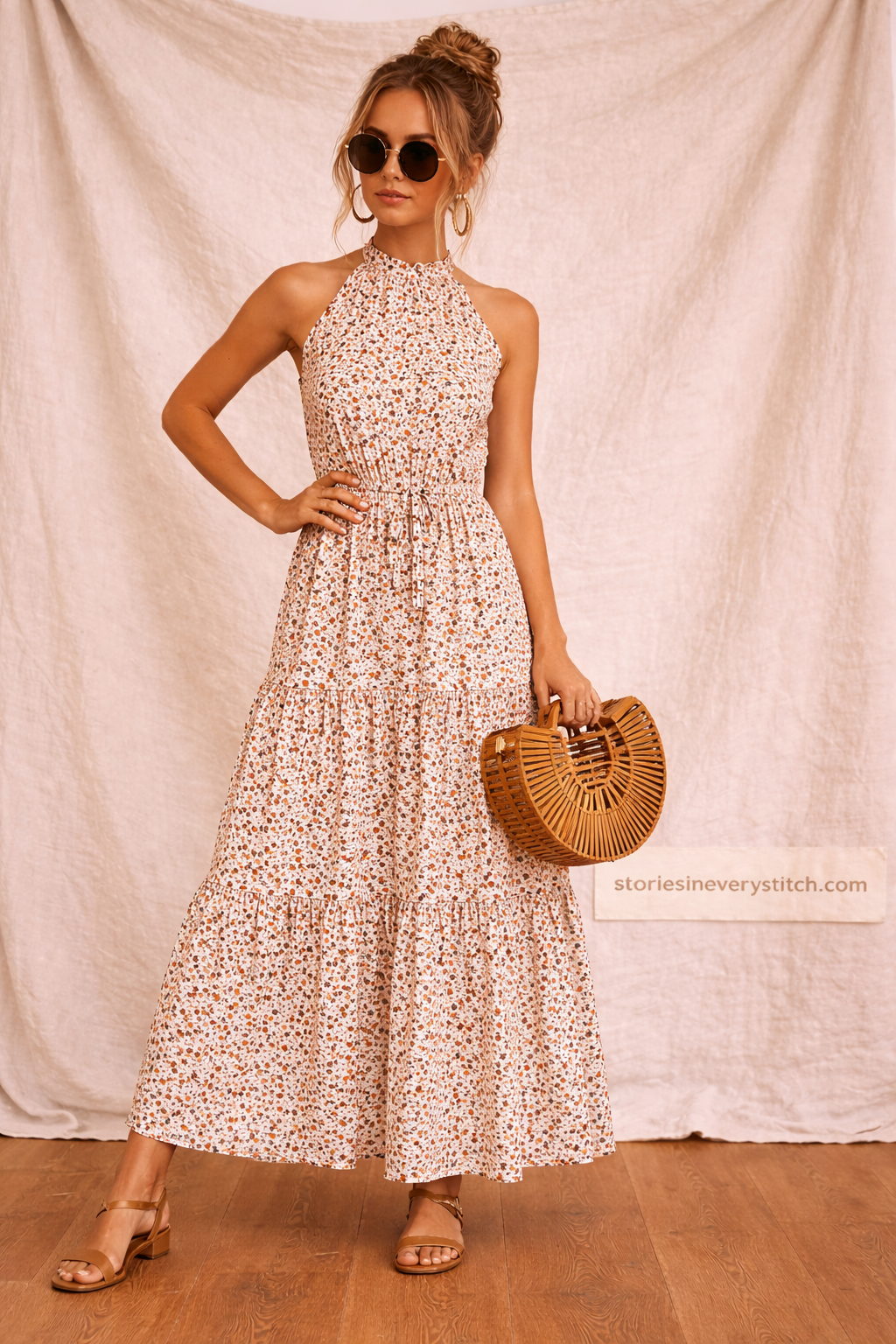 Floral Halter Neck Maxi Dress – Sleeveless Flowy Summer Style