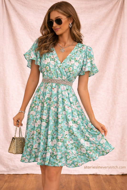 Floral Wrap Mini Dress – Flutter Sleeve V-Neck Summer Style