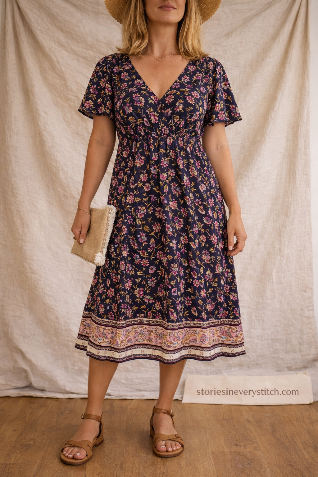 Boho Floral V-Neck Midi Dress with Short Sleeves – Relaxed Flowy Fit