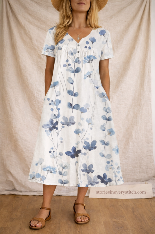 Boho Floral Button Midi Dress with Short Sleeves – Relaxed Flowy Fit