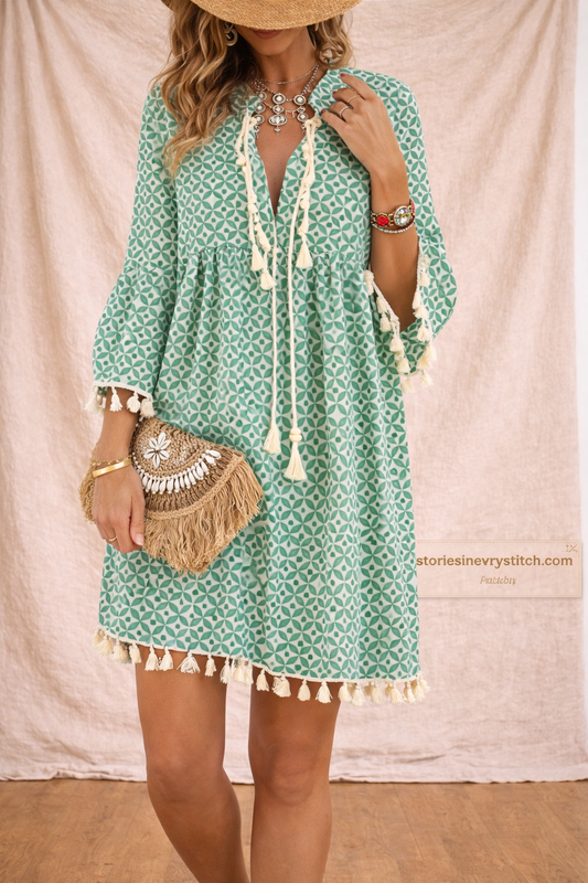 Boho Printed Tassel Mini Dress with Long Sleeves – Relaxed Flowy Fit