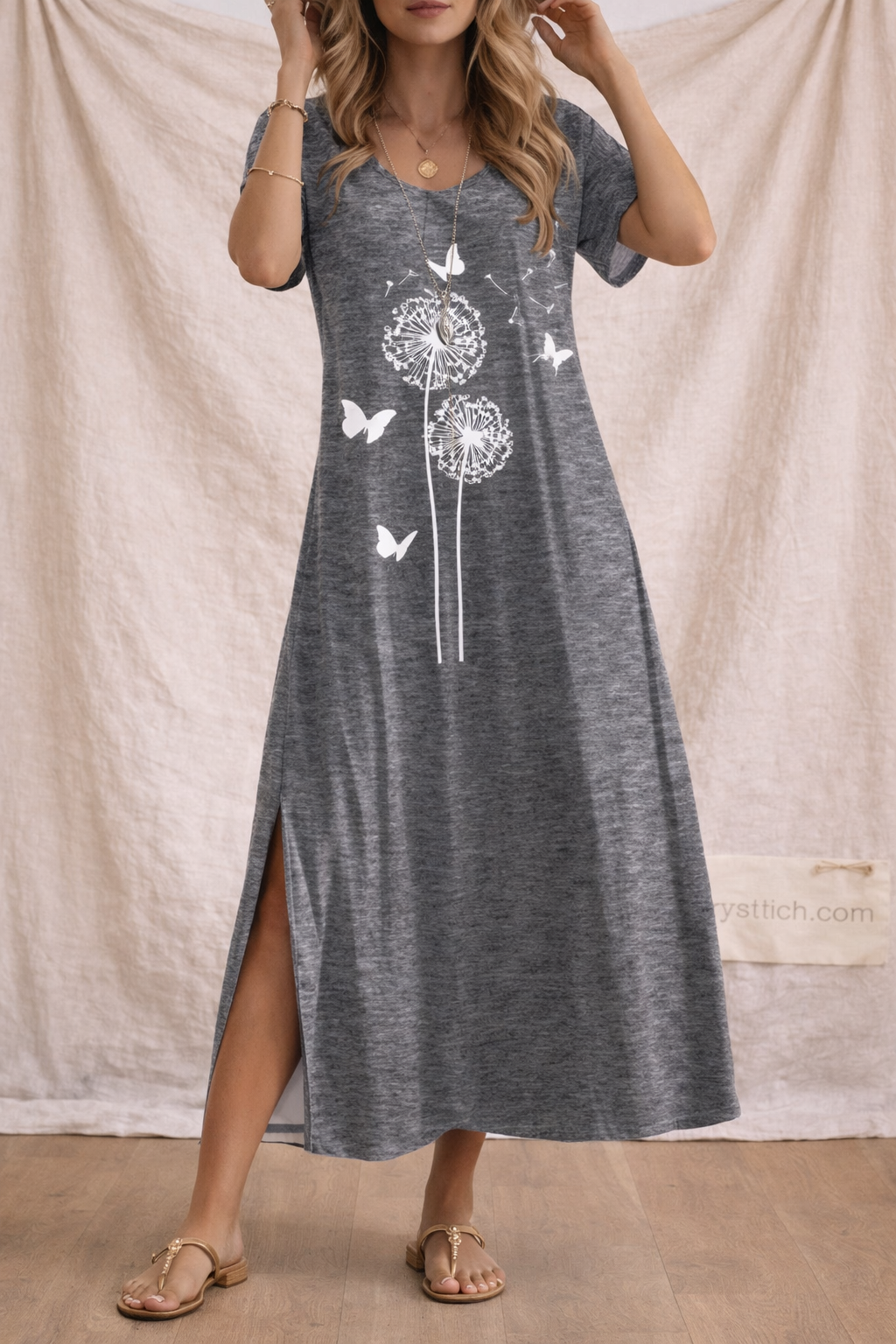 Colorblock Maxi Dress with Side Slit and Short Sleeves – Relaxed Flowy Fit