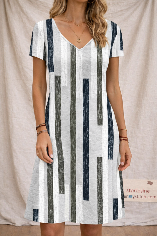Striped Casual Midi Dress with Short Sleeves – Relaxed Flowy Fit