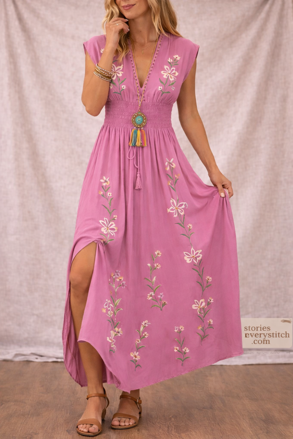Boho Embroidered Maxi Dress with V-Neck and Sleeveless Design – Relaxed Flowy Fit