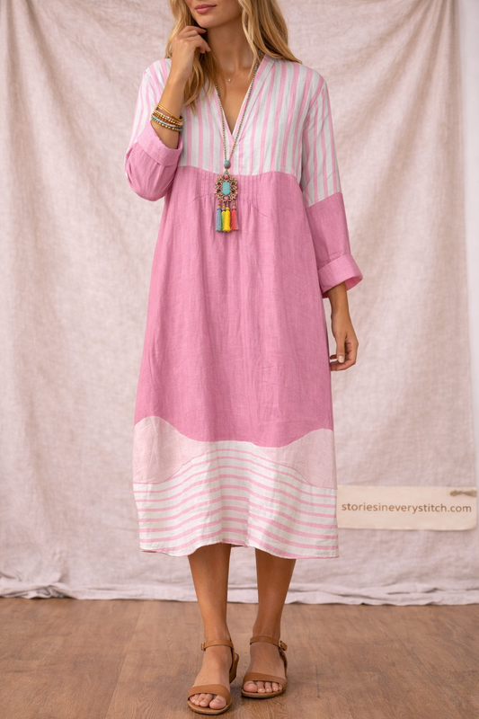 Boho Printed Midi Dress with Long Sleeves and V-Neck – Relaxed Flowy Fit