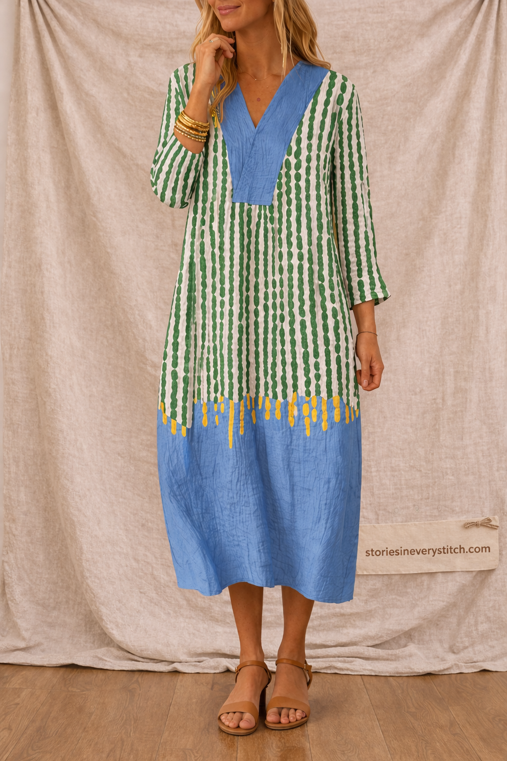 Boho Printed Midi Dress with Long Sleeves and V-Neck – Relaxed Flowy Fit