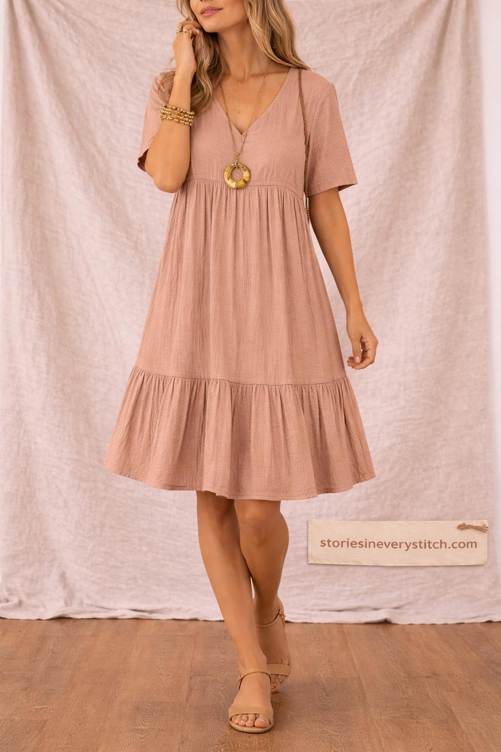 Tiered Mini Dress with Short Sleeves and V-Neck – Relaxed Flowy Fit