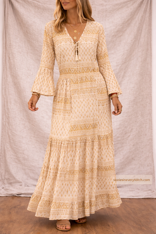 Boho Tiered Maxi Dress with Long Sleeves and Button Detail – Relaxed Flowy Fit