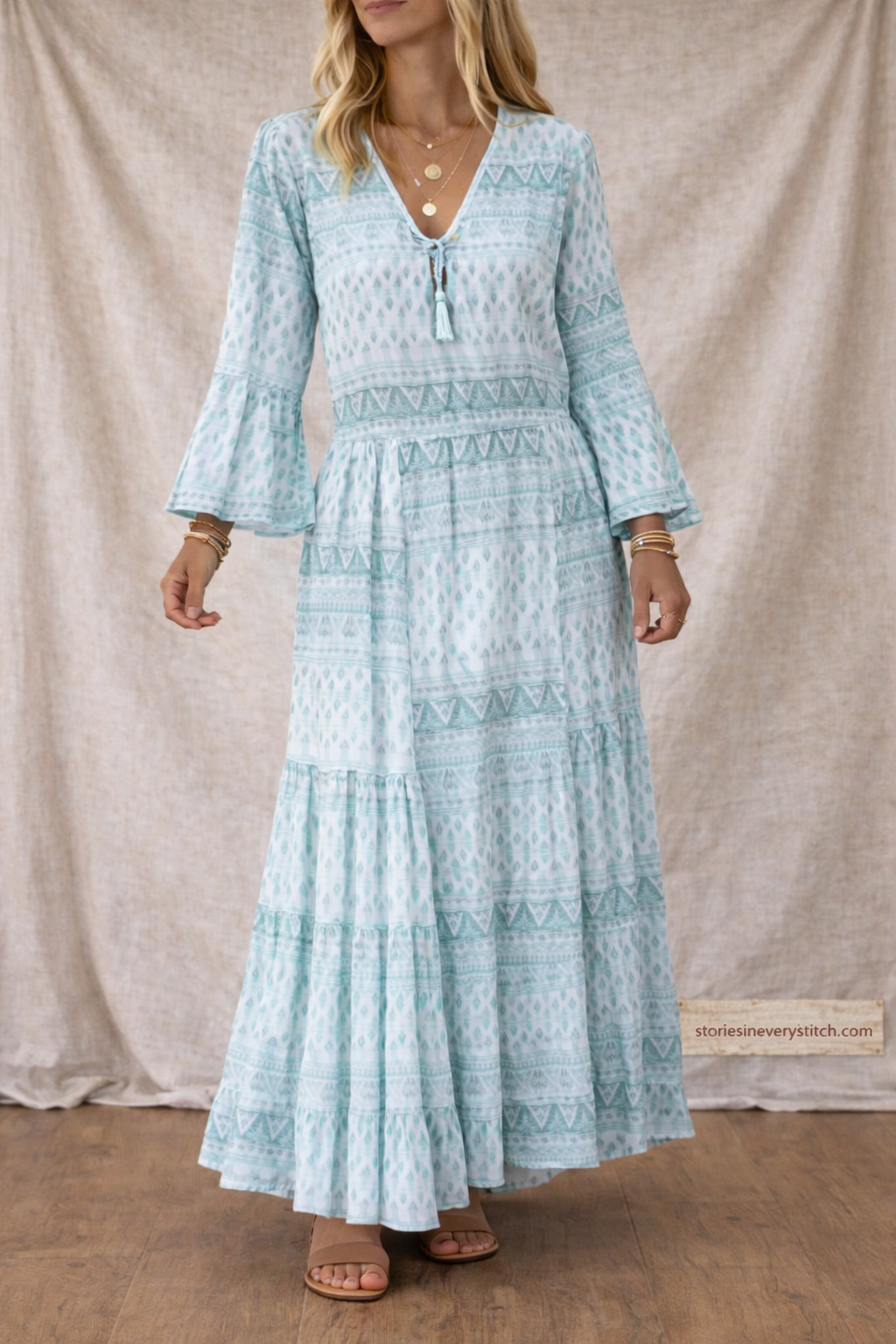 Boho Tiered Maxi Dress with Long Sleeves and Button Detail – Relaxed Flowy Fit