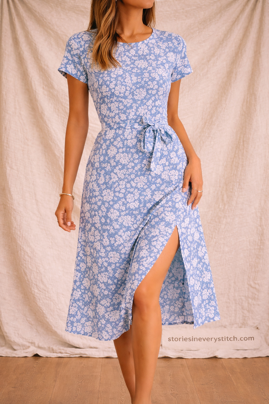 Floral Midi Dress with Short Sleeves and Crew Neck – Relaxed Flowy Fit