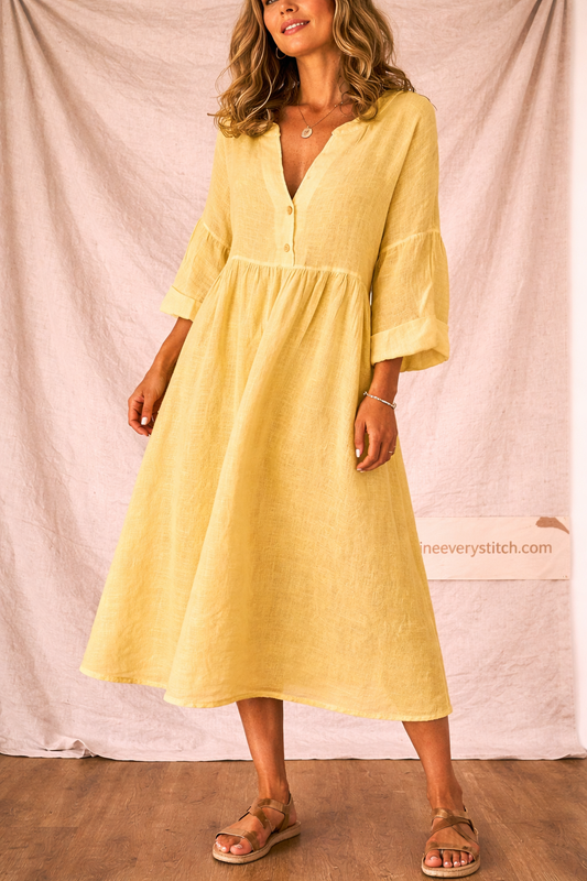 Casual Midi Dress with V-Neck and Long Sleeves – Relaxed Flowy Fit