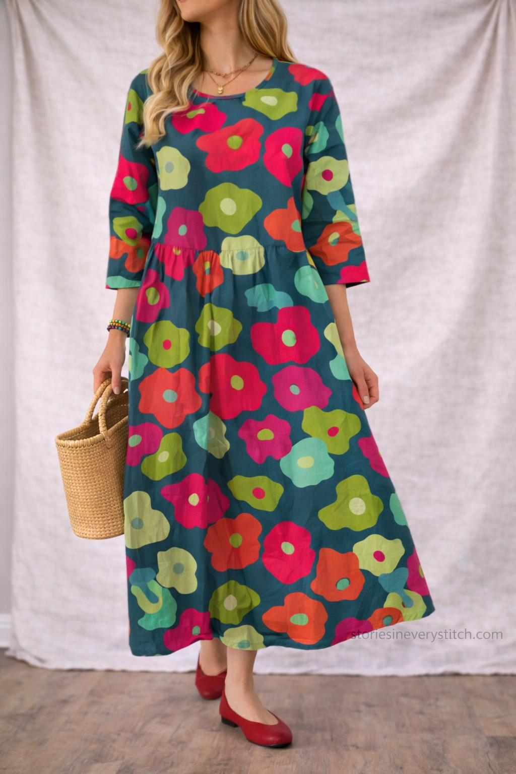 Women’s Colorful Printed Loose Maxi Dress – Boho Casual Long Sleeve Summer Dress