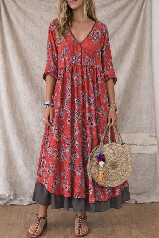 Women’s Boho Floral Maxi Dress – V-Neck Loose Fit Long Sleeve Casual Summer Dress