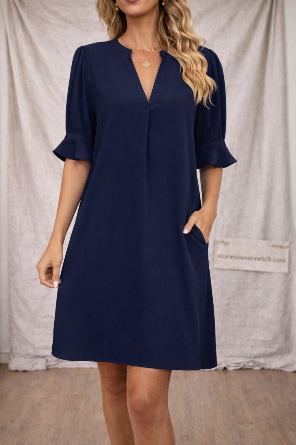 Women’s Casual V-Neck Shift Dress – Short Sleeve Loose Summer Dress with Pockets