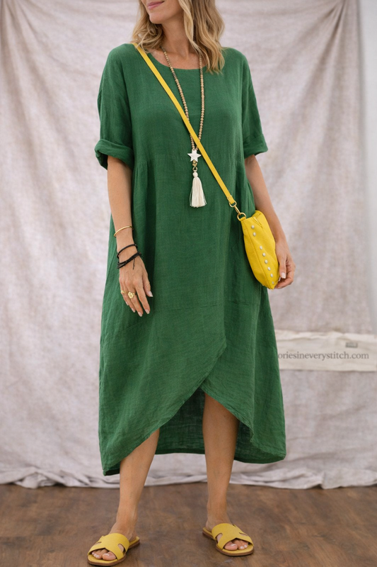 Women’s Loose Asymmetrical Midi Dress – Casual Short Sleeve Relaxed Summer Dress
