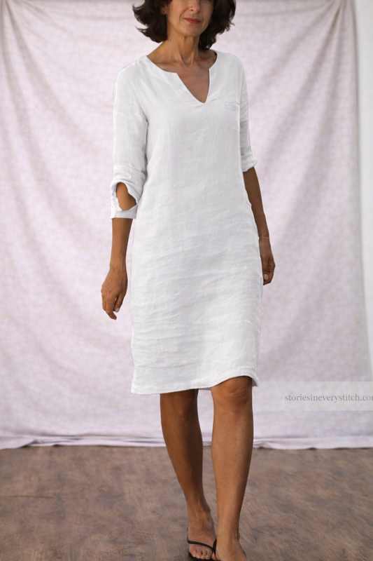 Women’s Casual V-Neck Linen Dress – Relaxed Fit Short Sleeve Summer Shift Dress