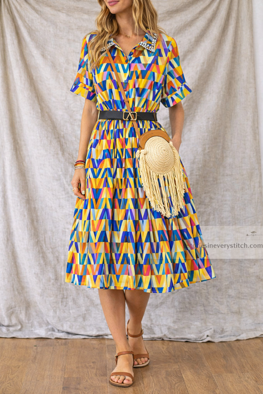 Women’s Boho Geometric Print Midi Dress – V-Neck Short Sleeve Casual Summer Dress