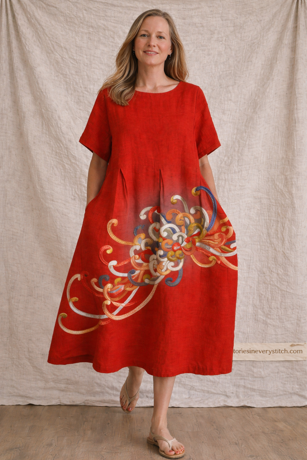 Women’s Elegant Floral Jacquard Midi Dress – Loose Fit Casual Summer A-Line Dress