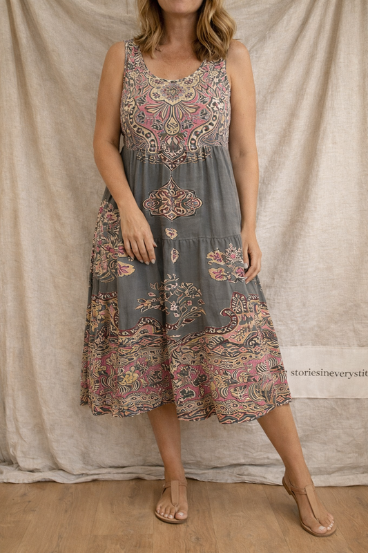 Vintage Lace Panel Sleeveless Midi Dress