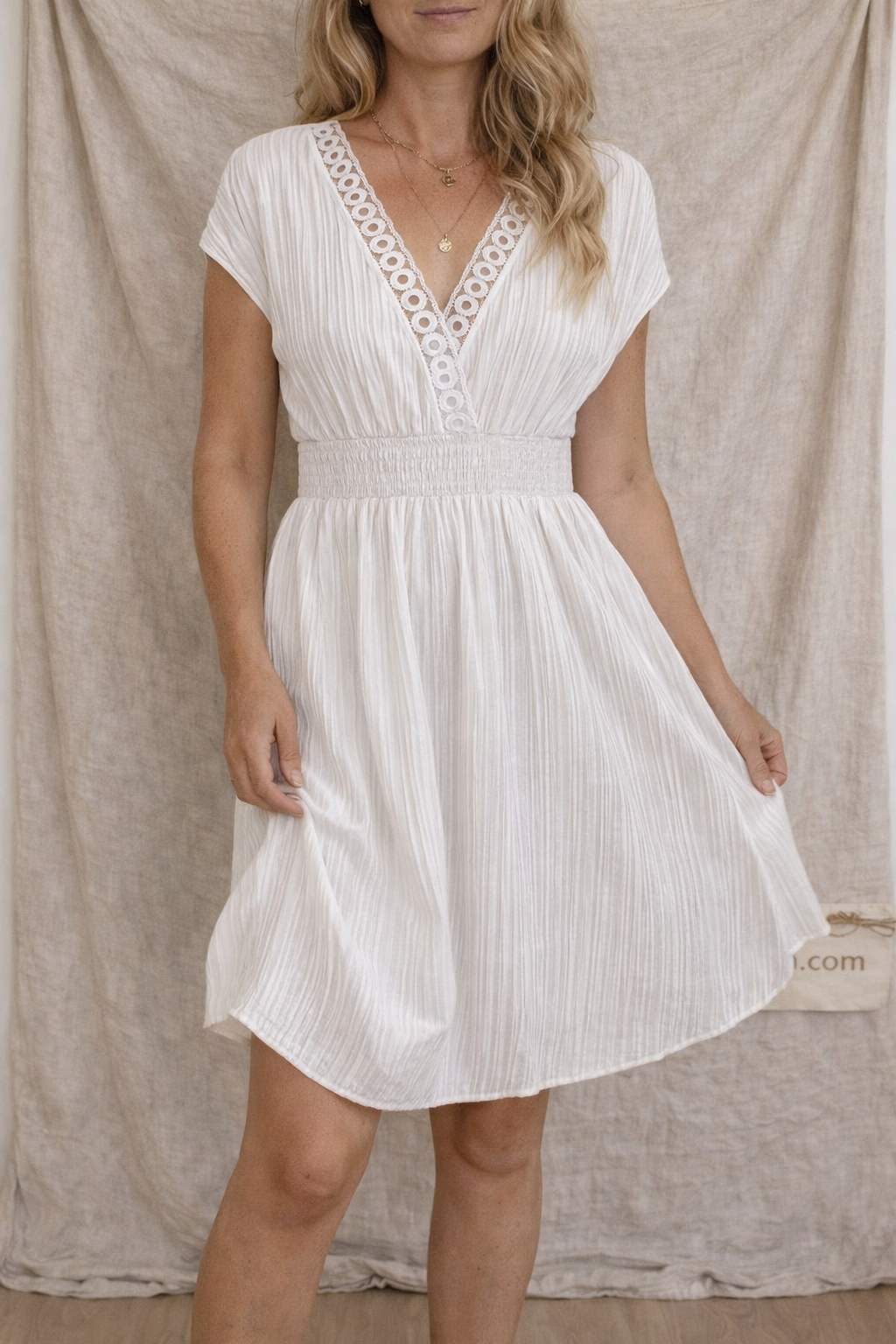 Lace V-Neck Short Sleeve Mini Dress
