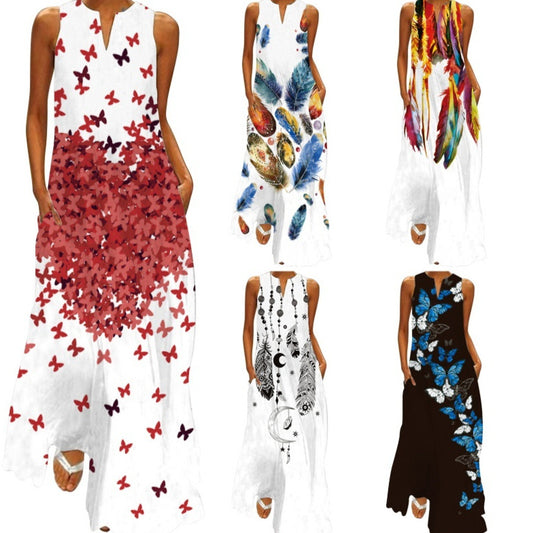 Summer Women's V-neck Sleeveless Dress Pocket European And American Style Dress