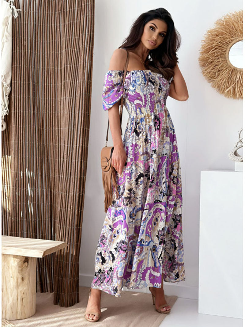 Elizabeth Ainsley Off-Shoulder Puff Sleeve Printed Dress