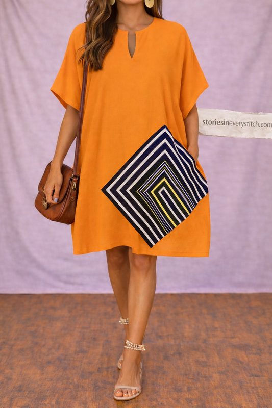 Women’s Geometric Pocket Mini Dress – Casual Loose Short Sleeve Summer Dress