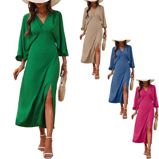 Summer Women's Pure Color Split V-neck Mid-length Long Sleeve Loose Dress