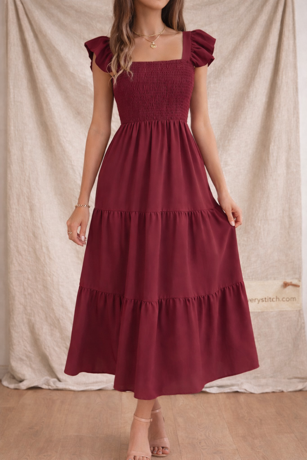 Smocked Short Sleeve Midi Dress