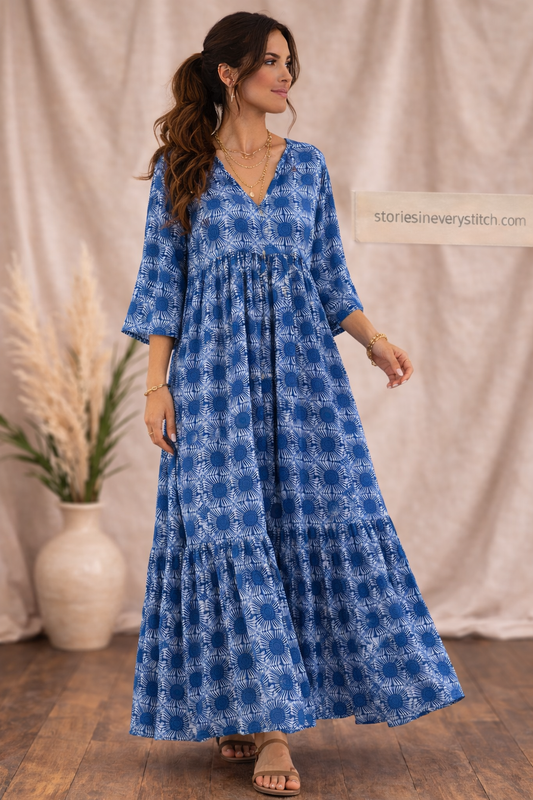 Women’s Boho V-Neck Maxi Dress – Loose Printed Beach Kaftan Dress