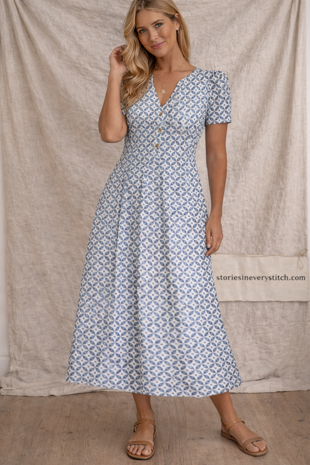 Printed V-Neck Midi Dress