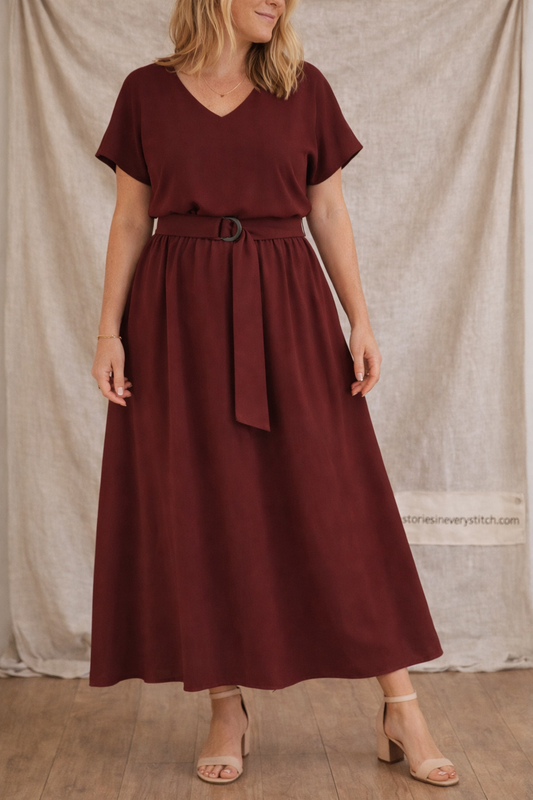 Classic V-Neck Belted Maxi Dress