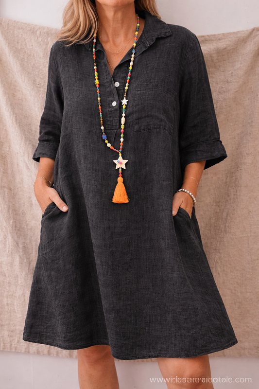 Relaxed Button-Front Shirt Dress with Pockets – Easy Flowy Fit