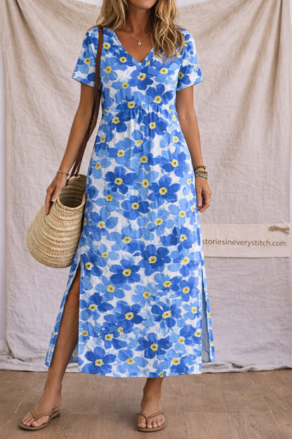 Floral Print V-Neck Short Sleeve Maxi Dress