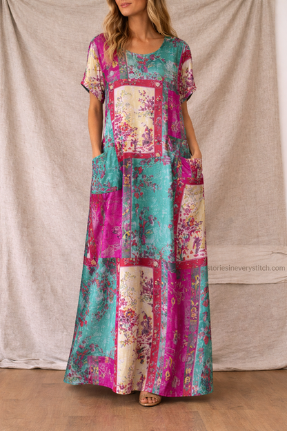 Women’s Boho Patchwork Maxi Dress – Vintage Floral Casual Summer Long Dress