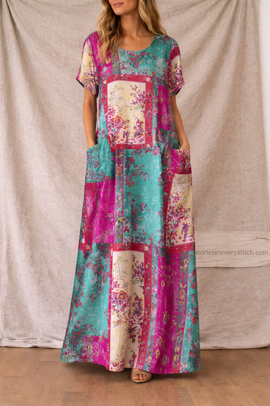 Women’s Boho Patchwork Maxi Dress – Vintage Floral Casual Summer Long Dress