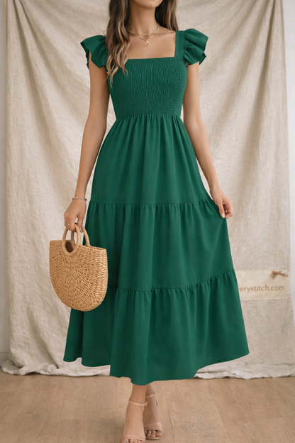 Smocked Short Sleeve Midi Dress