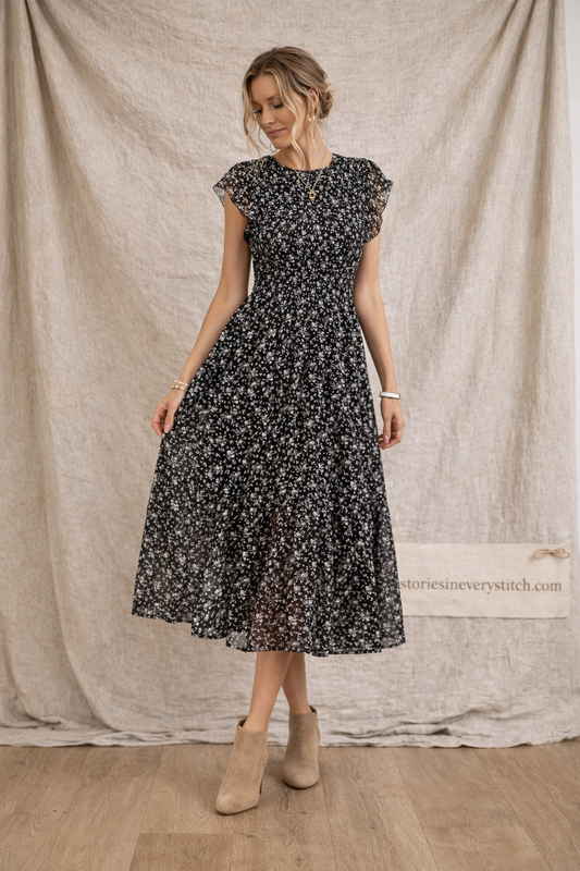 Printed Ruffle Sleeve Midi Dress