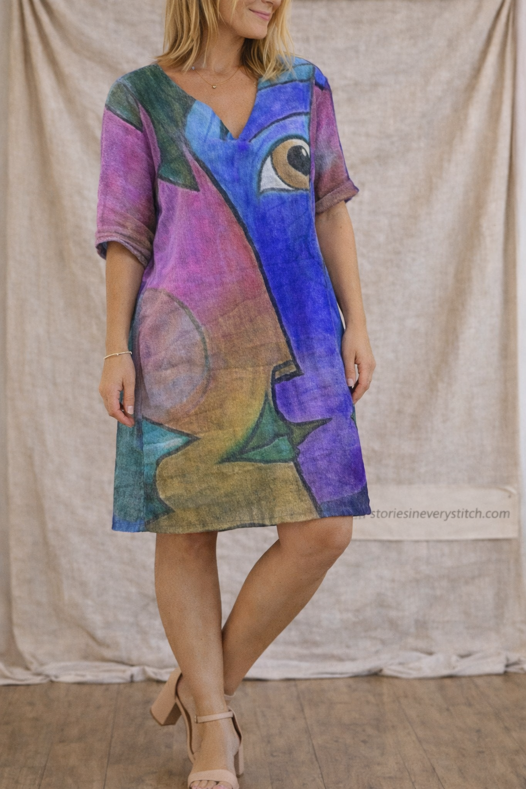 Abstract Mosaic Button Tunic Dress